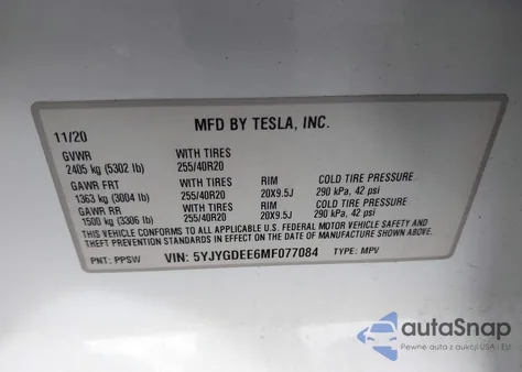 2021 Tesla Model Y Long Range Dual Motor All-Wheel Drive z USA, uszkodzony, nr VIN 5YJYGDEE6MF077084